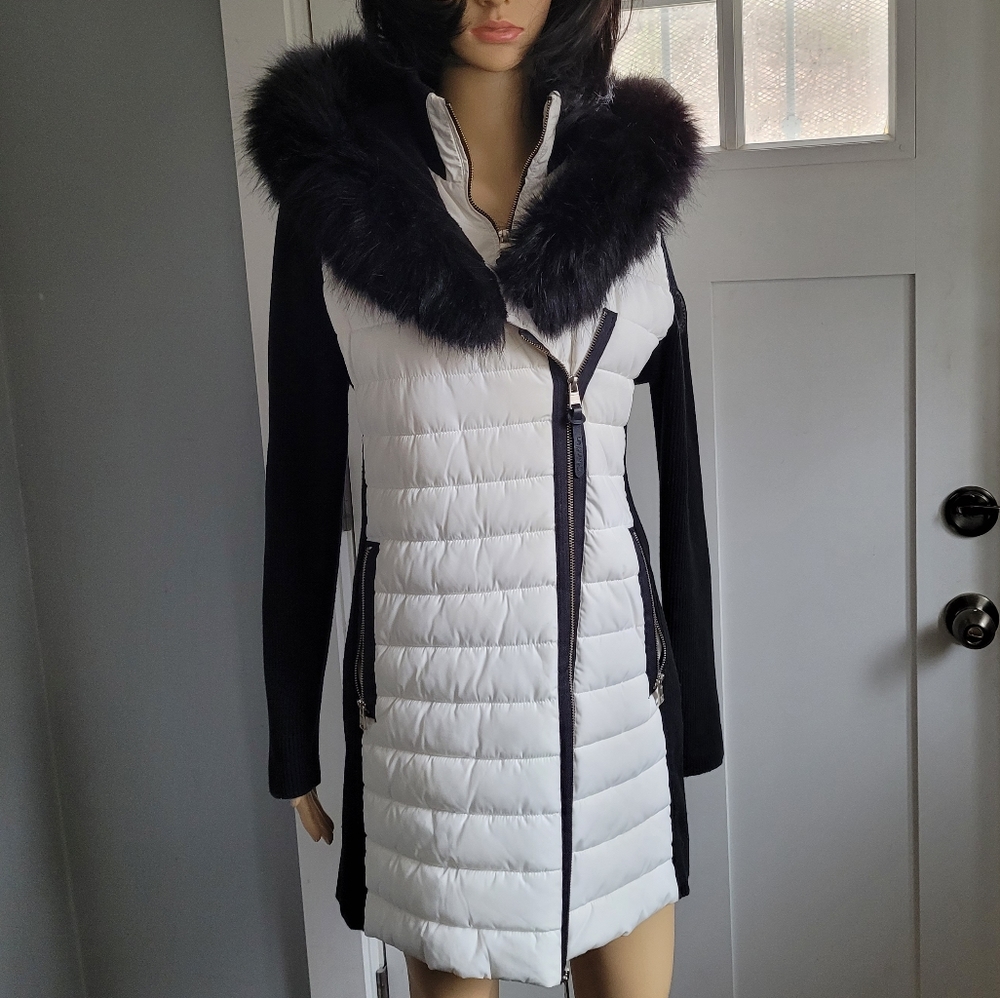 Calvin Klein Performance sweater sleeve faux fur hooded walker jacket